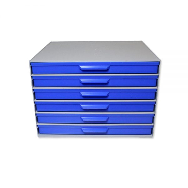 bloc tiroir gris et bleu avec 6 plateaux